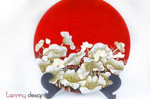 Red round lacquer dish hand-painted with lotus included with stand 55 cm